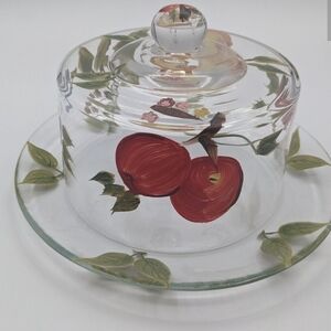 Vintage Hand Painted Glass Cheese/fruit/dessert Plate (9 Inch) With Dome Lid